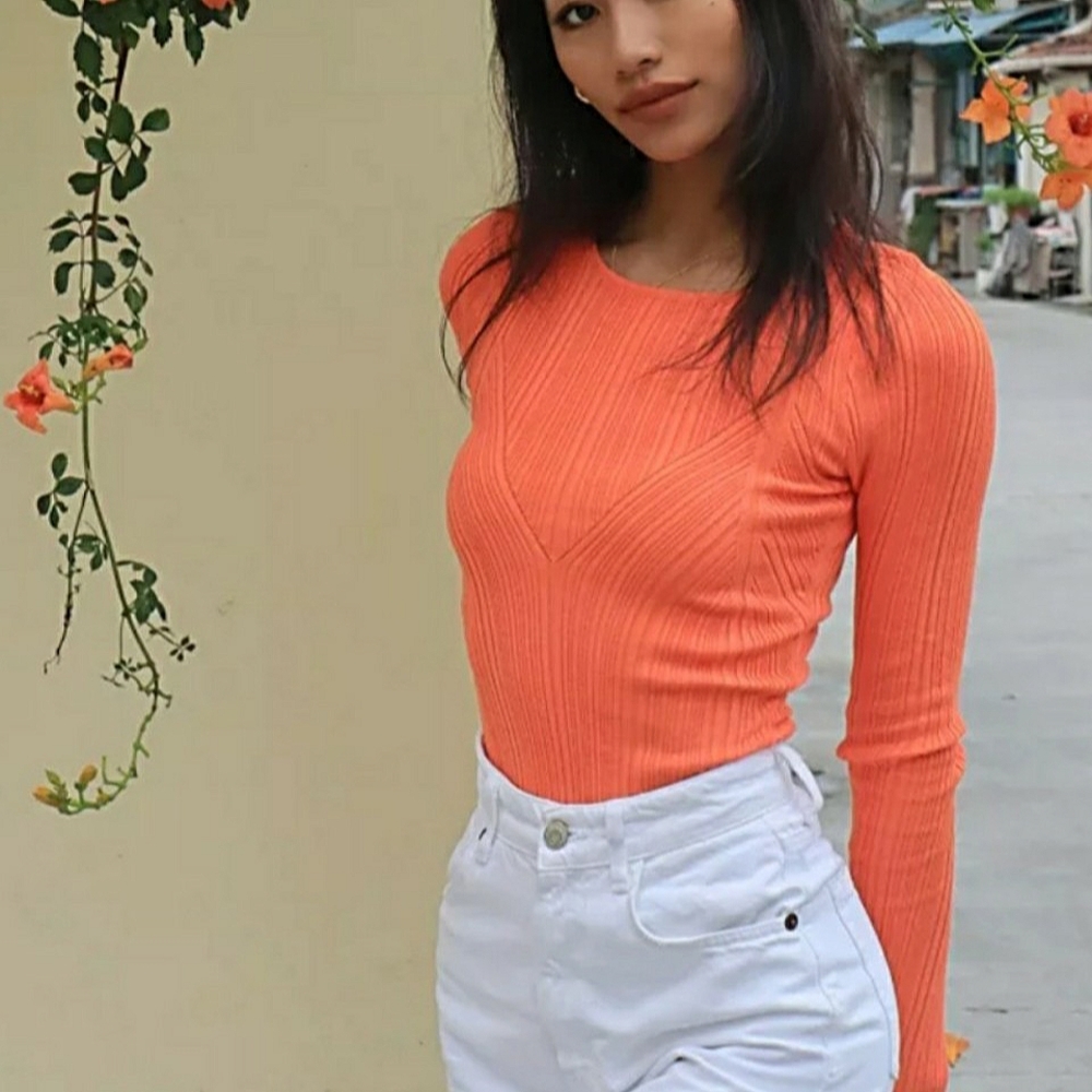 Geometric Textured Rib Knit Scoop Neck Long Sleeve Bodysuit Top